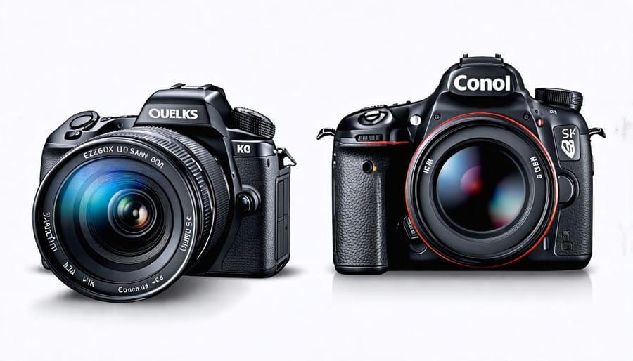 A mirrorless camera and DSLR side by side, demonstrating the compact size of the mirrorless model