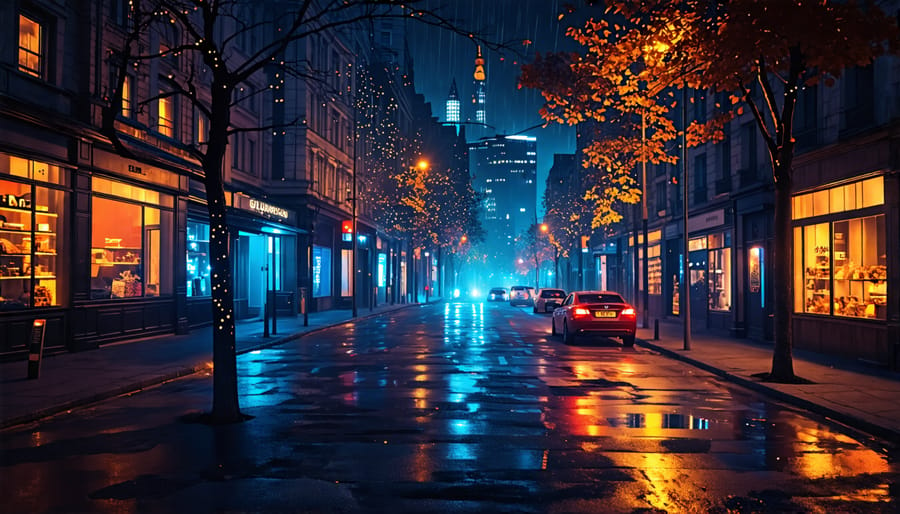 Low light urban scene with illuminated storefronts and car light trails