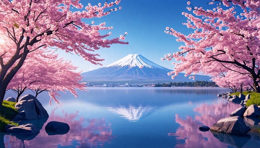 Mount Fuji with cherry blossoms in foreground and lake reflection