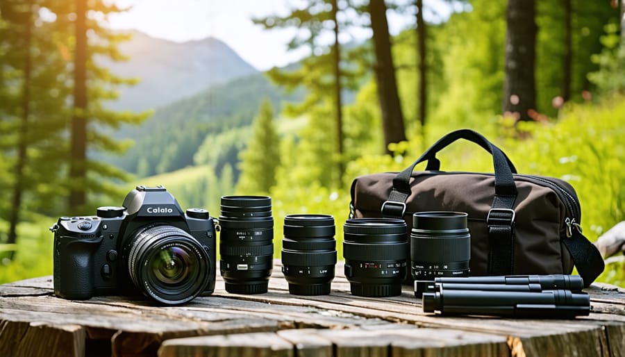 Photography gear including a camera, lenses, tripod, and a protective bag neatly arranged on a wooden table with a forest in the background, symbolizing the essentials for capturing nature's beauty.