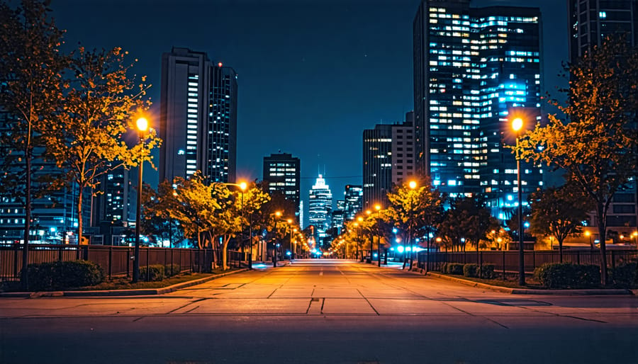 Camera on a tripod capturing a vibrant cityscape at night with streaks of car lights.