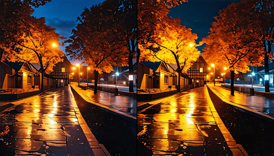 A side-by-side view of a night photograph before and after applying noise reduction techniques.