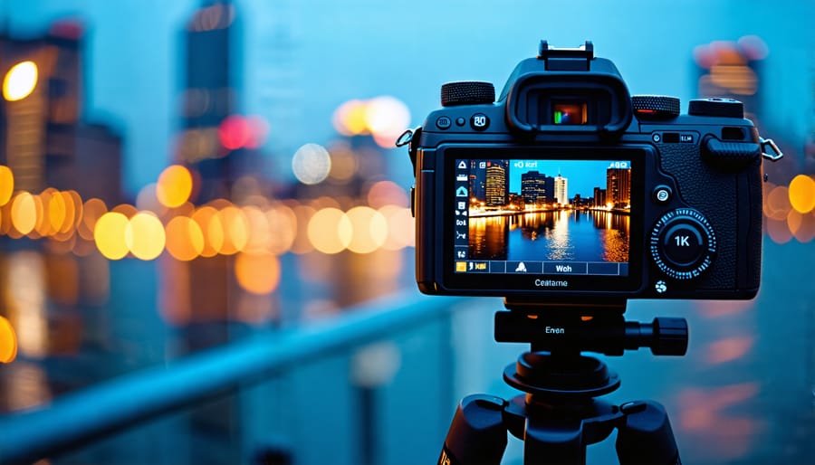 Close-up of a camera on a tripod with a cityscape at night in the background, highlighting glowing city lights and camera settings for low light photography.