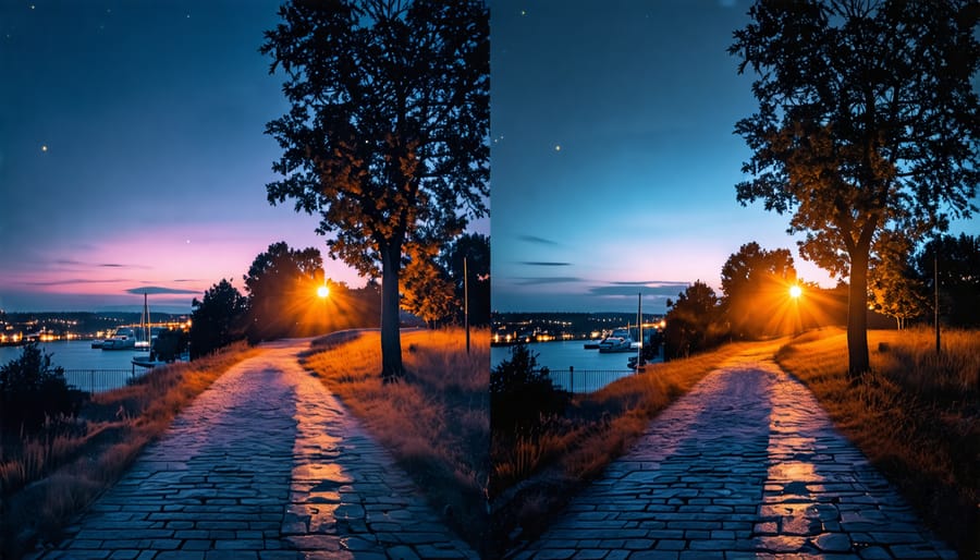 Side-by-side comparison of night images with varying aperture, shutter speed, and ISO settings