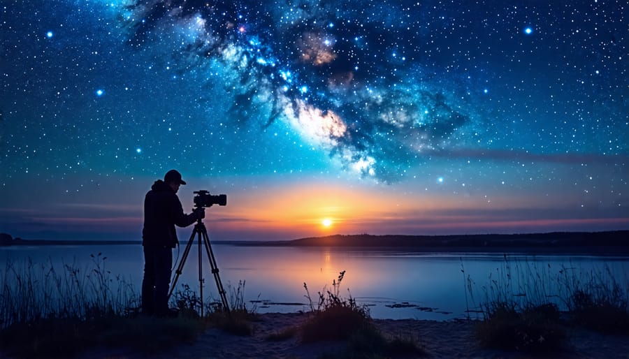 Night photography setup with camera, lens, and tripod under the Milky Way