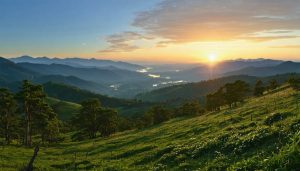 Panoramic view of a brilliant sunset over rolling hills and distant mountains, illustrating the grandeur of wide-format photography.