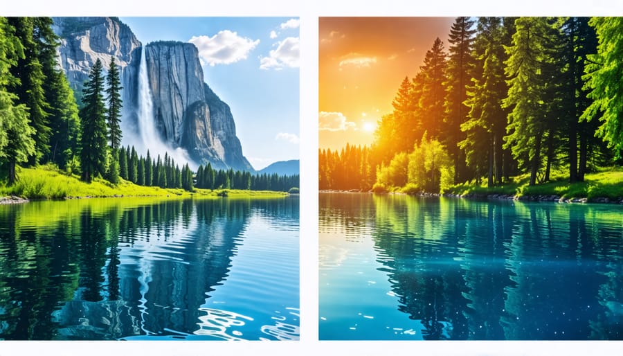 Side-by-side comparison showing differences between a standard photo and an AI-enhanced photo with brighter colors and sharper details