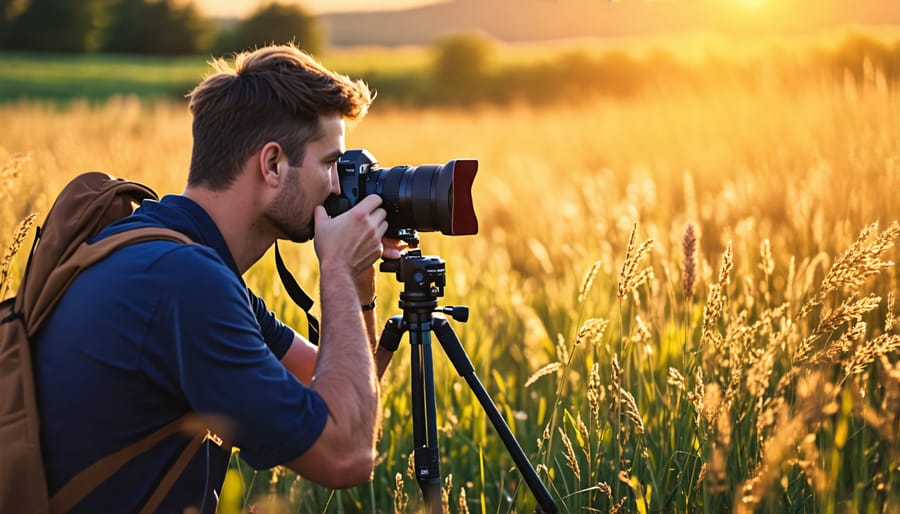 Photographer configuring DSLR camera settings while shooting outdoors