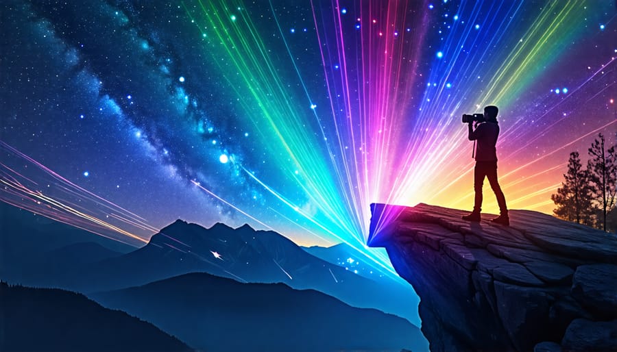 A photographer on a cliff with colorful light beams symbolizing four lenses of innovation in photography, against a backdrop of nature and digital motifs.