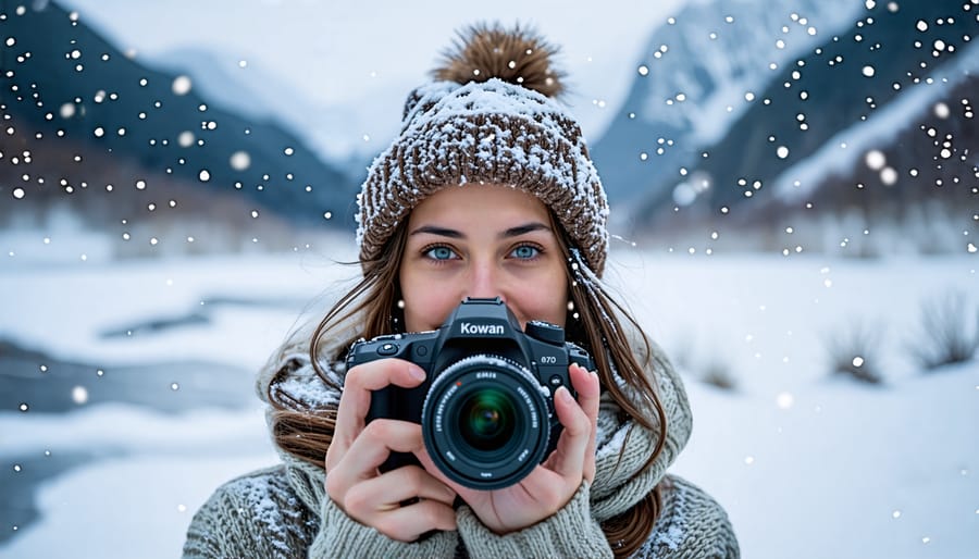 Photographer dressed in layers standing in a snowy landscape, showcasing proper winter photography attire