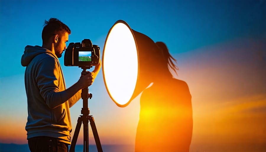 Photographer holding a circular reflector to direct light onto an outdoor portrait subject