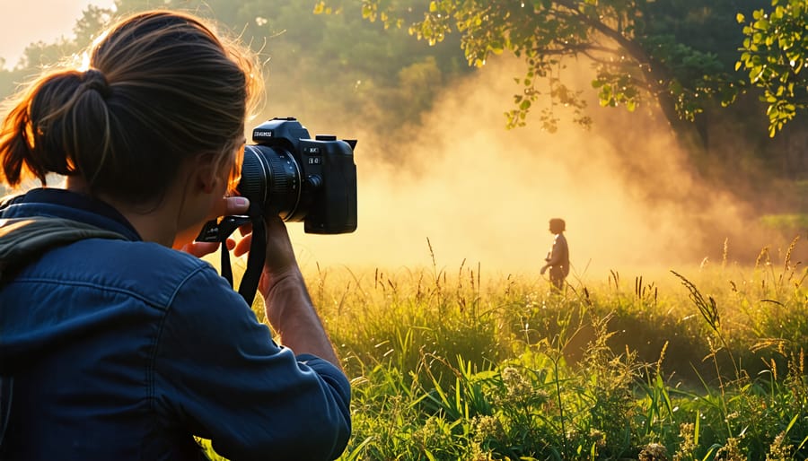 Photographer using a zoom lens to photograph a faraway subject