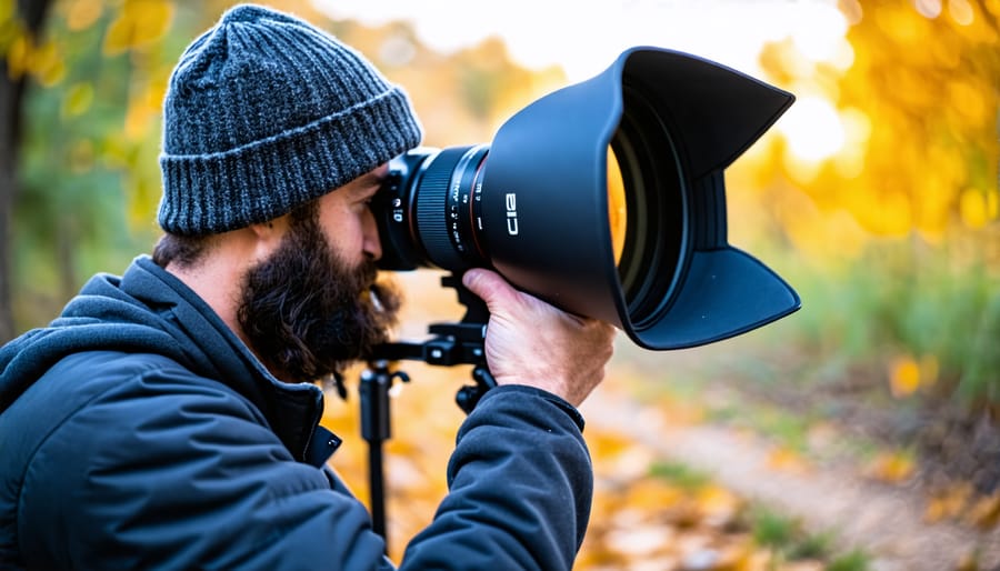 Photographer taking pictures with a camera equipped with a lens hood in a sunny outdoor setting