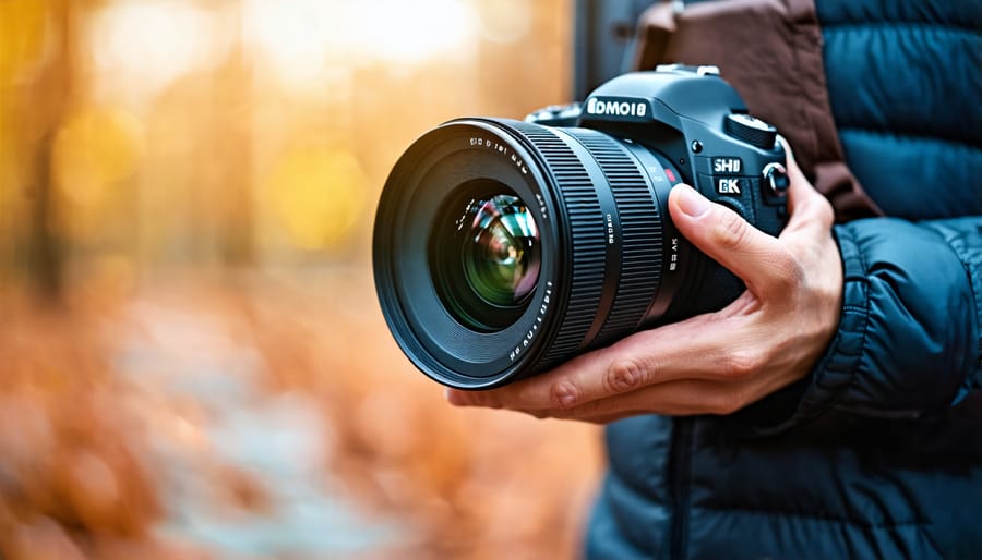 Photographer holding a prime lens with shallow depth of field