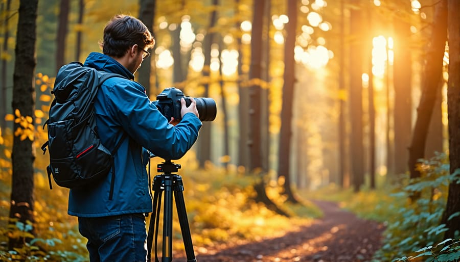 A nature photographer setting up a tripod for a steady shot in a forest environment