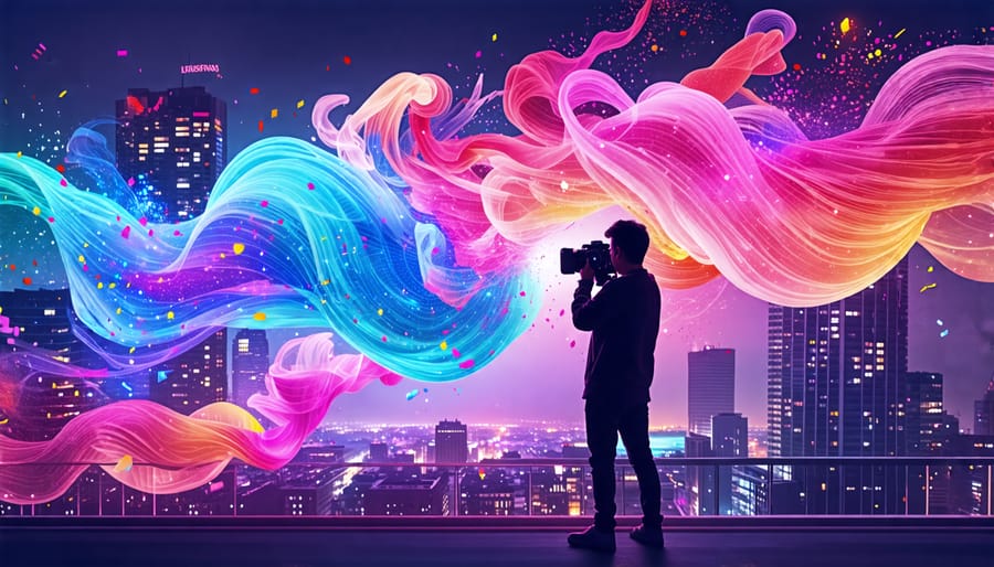 A photographer in a city using augmented reality technology to overlay vibrant digital creations onto the landscape, surrounded by colorful symbols representing creativity and inspiration from THC gummies.