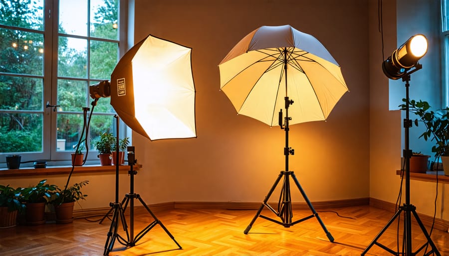 Basic photography lighting setup featuring a camera surrounded by a softbox, umbrella, and continuous light source, illustrating indoor and natural lighting techniques.