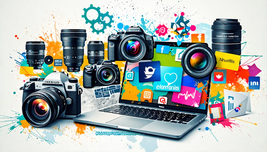 Collage depicting photography tools and marketing elements, symbolizing strategies for growing a photography business.