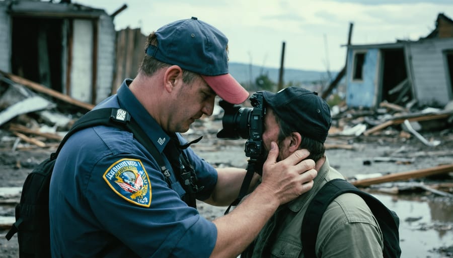 Photojournalist showing compassion and respect while documenting a tragic event