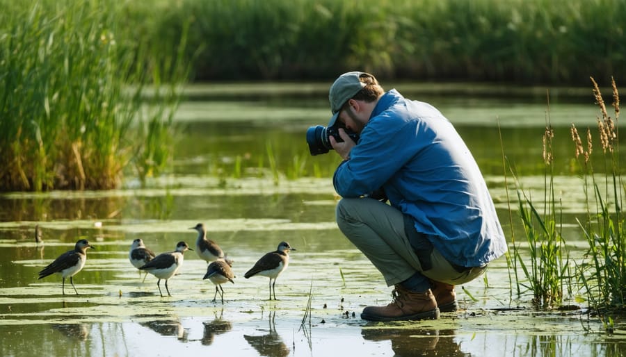 Environmental photojournalist at work, photographing wetland wildlife