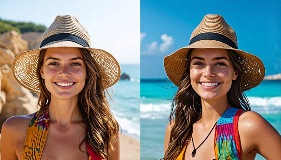 Example of a travel portrait before and after post-processing, demonstrating the impact of editing