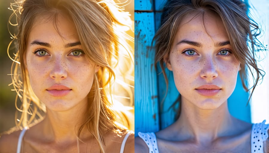 Two outdoor portrait photos, one in harsh sun and one in soft shade, demonstrating lighting effects