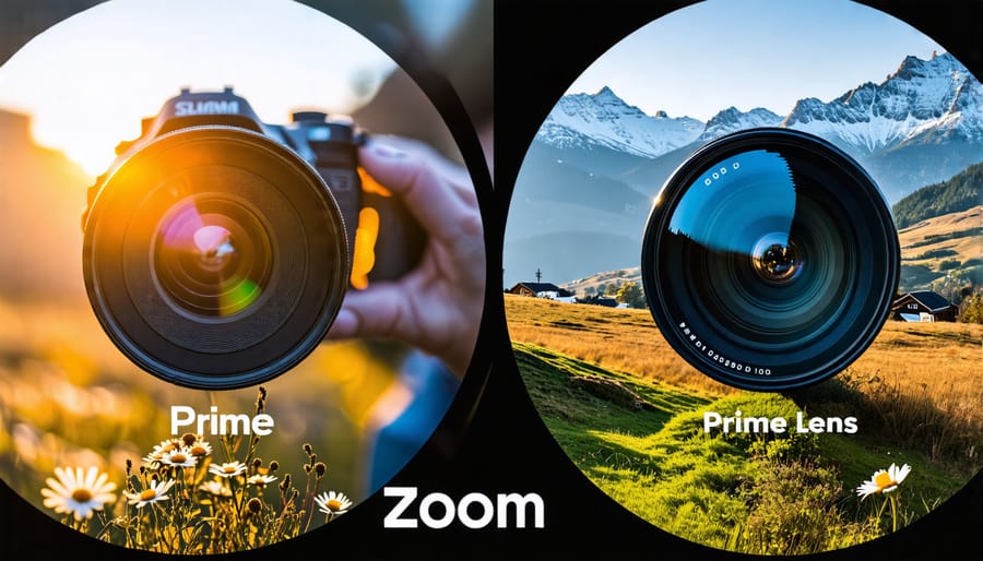 Split image of a photographer using a prime lens for a portrait and a zoom lens for versatile shooting scenarios, showcasing the strengths of each lens type.