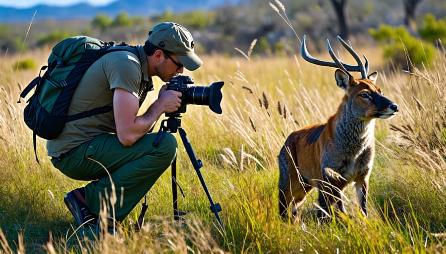 Photographer putting down camera and moving away from distressed wildlife