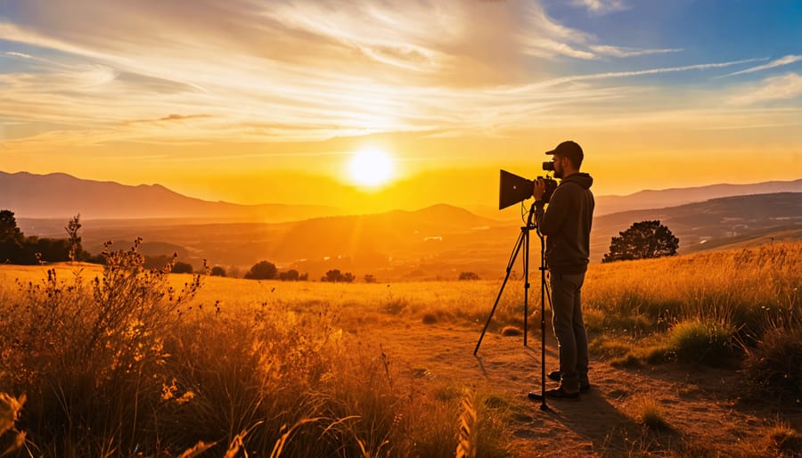 A professional photographer with a camera and reflector capturing a stunning landscape during the golden hour, bathed in warm, directional light.