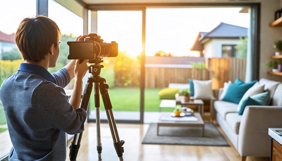 Real estate agent equipped with camera gear for virtual tour photography