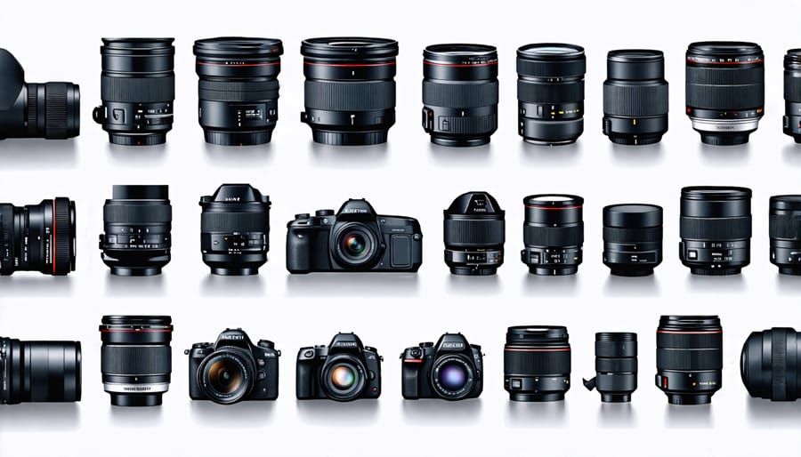 Various camera lenses suitable for action photography, including telephoto and zoom lenses.