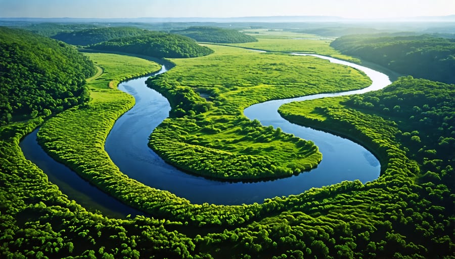 Drone shot using a river as a leading line to guide the viewer's eye through the frame