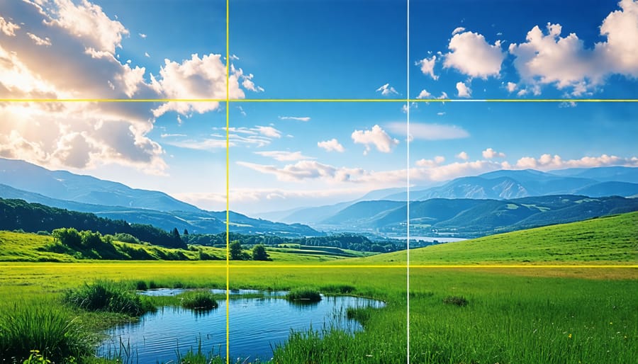 A landscape photograph demonstrating the rule of thirds, with focal points placed along intersecting lines