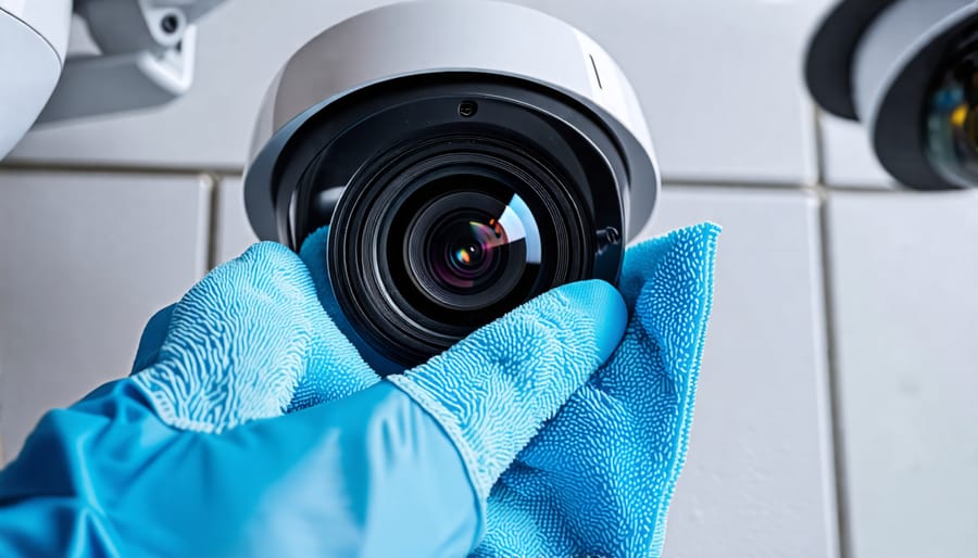 Person wearing gloves cleaning a security camera lens with a microfiber cloth, showing clarity and strategic placement of cameras.