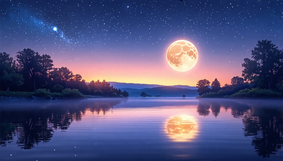 Tranquil nighttime landscape with stars and moonlight reflecting on a lake