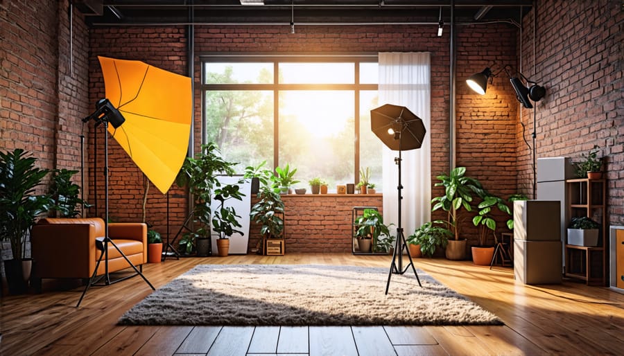 Simple home studio layout showing lighting equipment placement and lighting angles