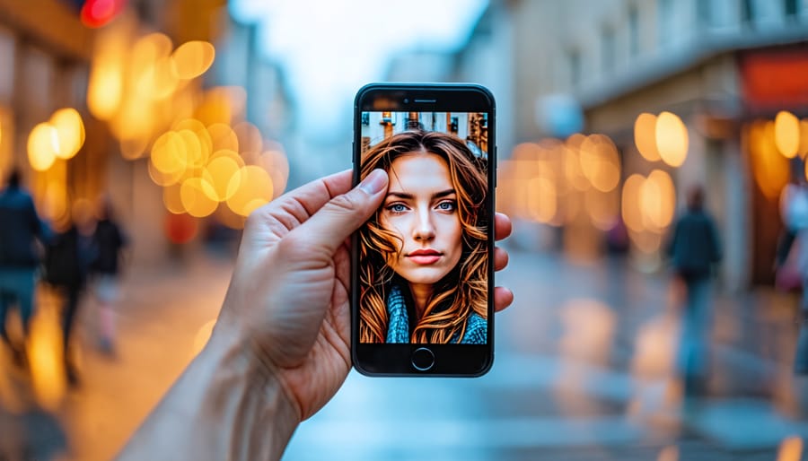 Demonstration of a smartphone camera using AI to create a portrait mode effect