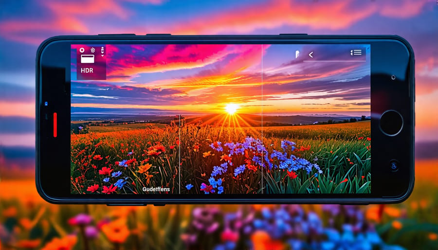 A smartphone capturing a beautiful sunset using HDR mode, showcasing techniques like exposure adjustment and rule of thirds for stunning photography.