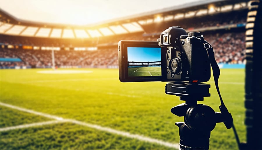 A photographer holding a camera steady while capturing fast-moving sports action