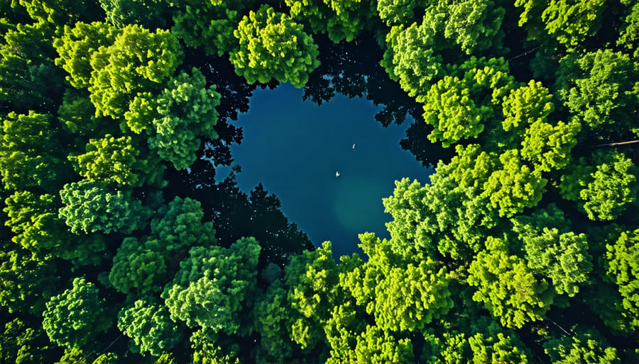 Drone photo showcasing framing composition technique using trees to surround the subject