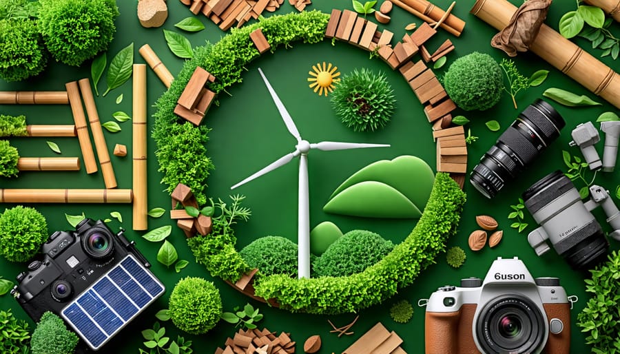 Conceptual illustration of camera gear integrated with eco-friendly materials and symbols of sustainable energy, highlighting the harmony between technology and nature.