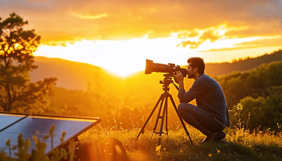 A photographer capturing a sunset with eco-friendly camera equipment. Solar panels power the setup, showcasing a sustainable approach to nature photography.