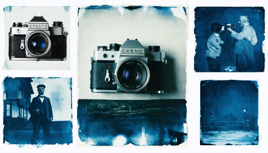 A creative collage showcasing various vintage photography techniques, including daguerreotype, calotype, wet plate collodion, tintype, cyanotype, and gum bichromate, highlighting their unique characteristics and historical significance.