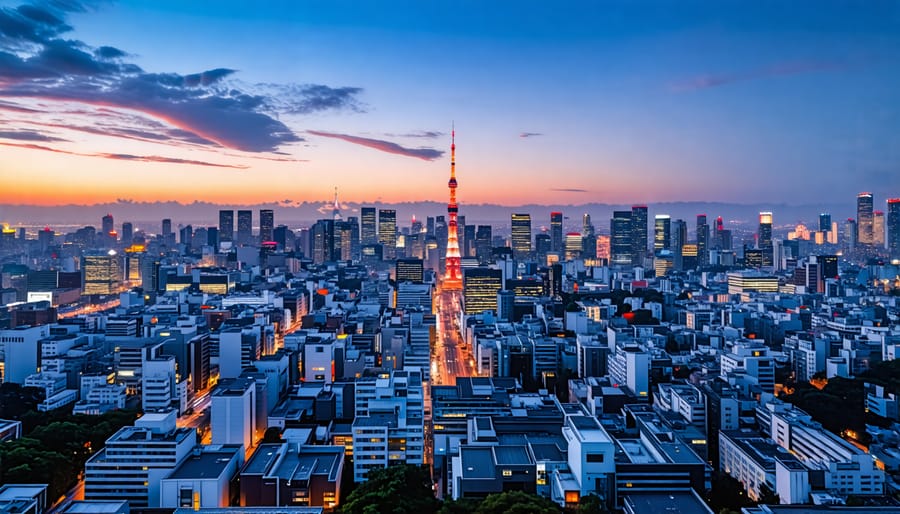 Tokyo skyline featuring a mix of skyscrapers and traditional architecture during sunset