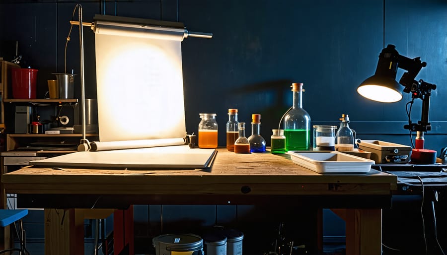 Darkroom setup with enlarger and chemical trays for developing photographs