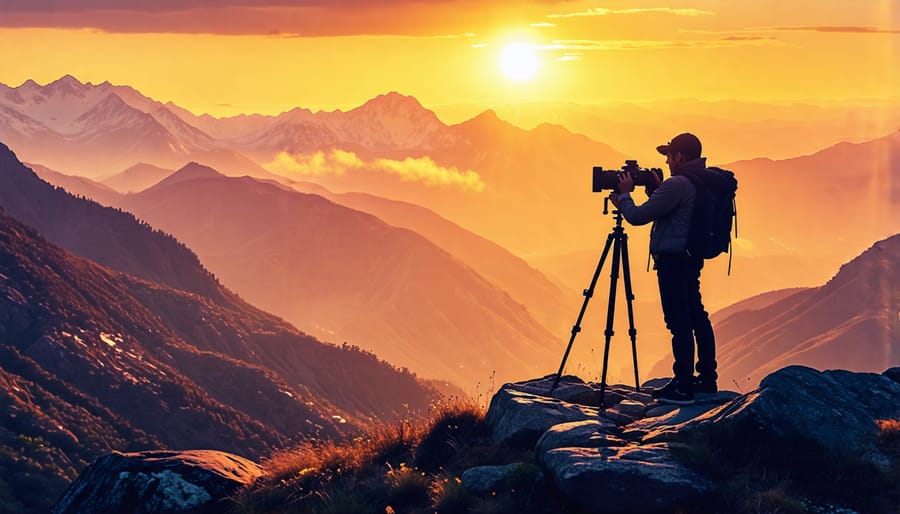 Silhouette of a travel photographer with a tripod capturing a striking sunrise over a mountain landscape, illustrating the journey from snapshots to masterpieces in travel photography.