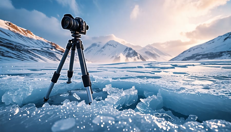 A sturdy tripod holding a camera, standing on icy ground