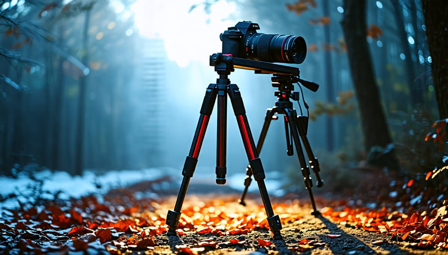 A camera mounted on a tripod in a low light setting to ensure stability for long exposures