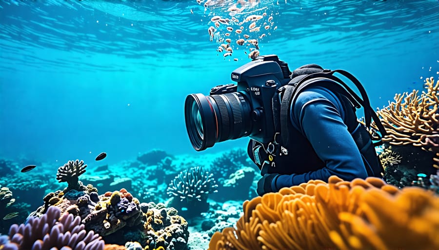 A scuba diver equipped with underwater camera gear exploring a vibrant coral reef