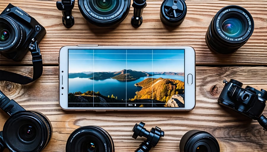 Top-down view of a smartphone with photography accessories like tripods and lenses on a table, showcasing a landscape photo with a rule of thirds grid overlay on the screen.